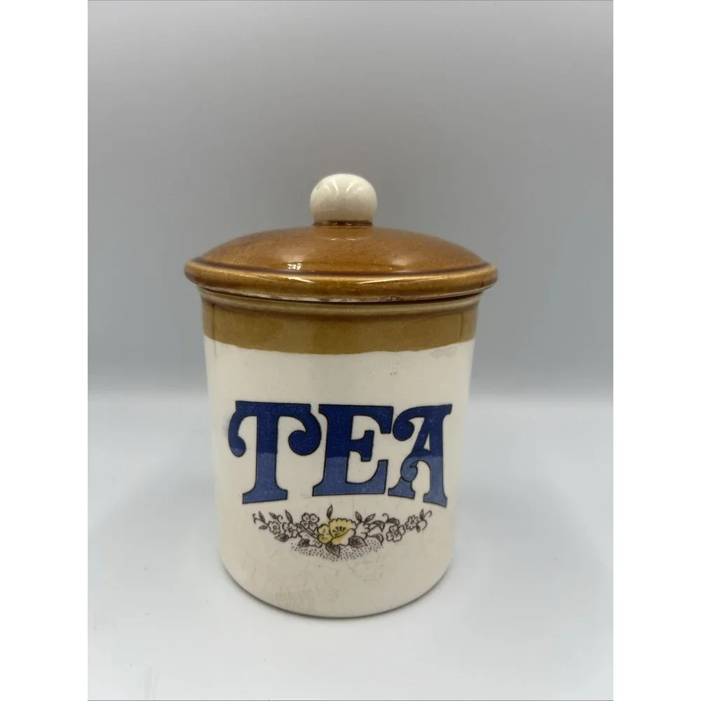 Vintage Glazed Ceramic Tea Canister‎ White Floral Blue Brown Lid Cabin Cottage
